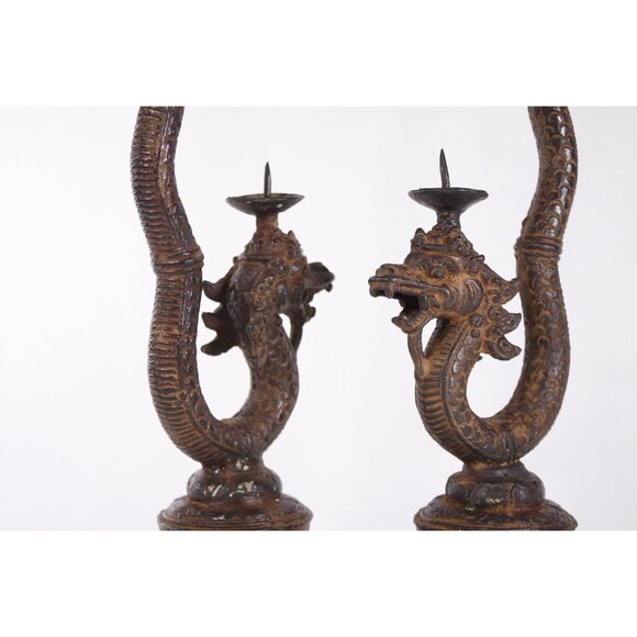 Vintage metal dragon candlesticks, Naga old Siam Thai dragon serpent altar decor - Picture 2 of 9